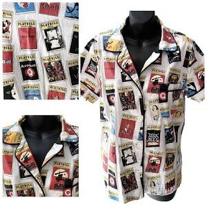 Playbill Short Sleeve Button Up V-Neck Shirt Pattern Of Playbills Women’s M